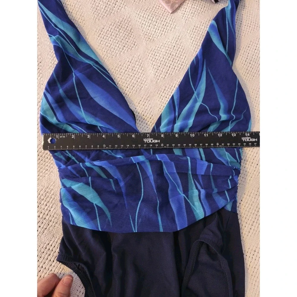 Vintage 90s Halter‎ One Piece Swimsuit Blue Ruched Waist Size 14